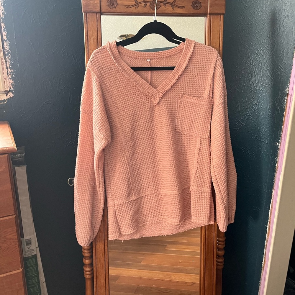 Pink V-Neck Waffle Knit Sweater